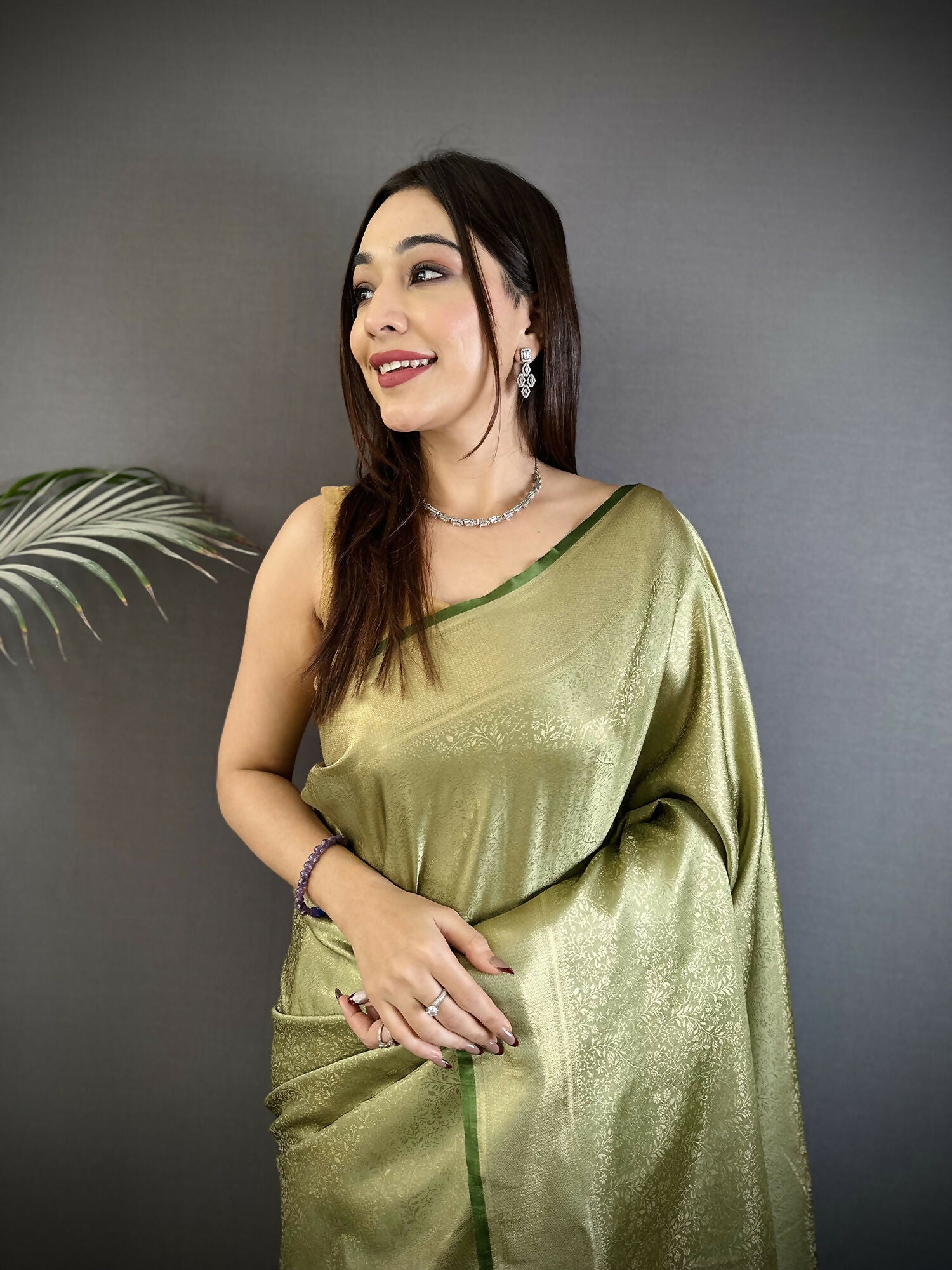 Joban Fashion Sage Green Floral Motifs & Ethnic Design Soft Satin Silk Kanchipuram Saree - Distacart