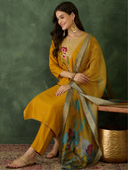 The52 Mustard Women's Beautiful Rayon Fabric Embroidered Work Straight Kurta, Pant and Dupatta Set - Distacart