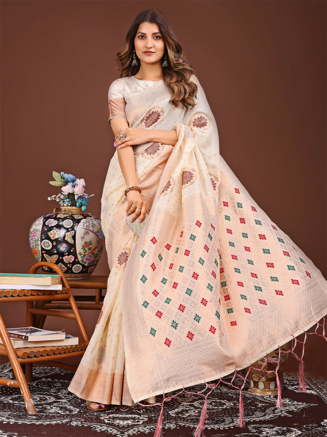 Shree Shyam Fashion Neerja White Linen Cotton Saree
