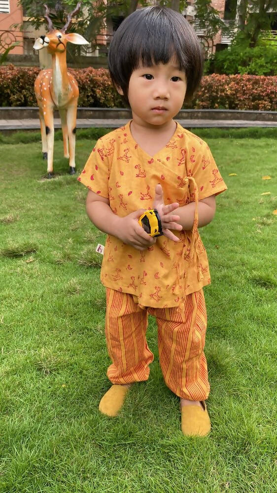 Mhyssa Zeke Half Sleeve Wrap Style Yellow and Red T-shirt With Long Pant Set For Kids