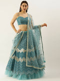 House of Panchhi Women Sea Green Net Zig-Zag Embroideried Lehenga, Blouse & Dupatta