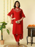 Myshka Women's Red Georgette Kurta & Trousers With Dupatta Party Sets