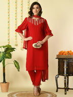 Myshka Women's Red Georgette Kurta & Trousers With Dupatta Party Sets