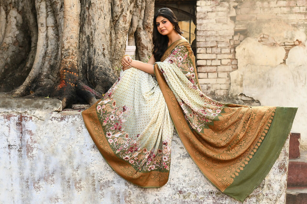 Joban Fashion Olive Green And Ivory Pure Crepe Pure Handloom Banarasi Silk Saree