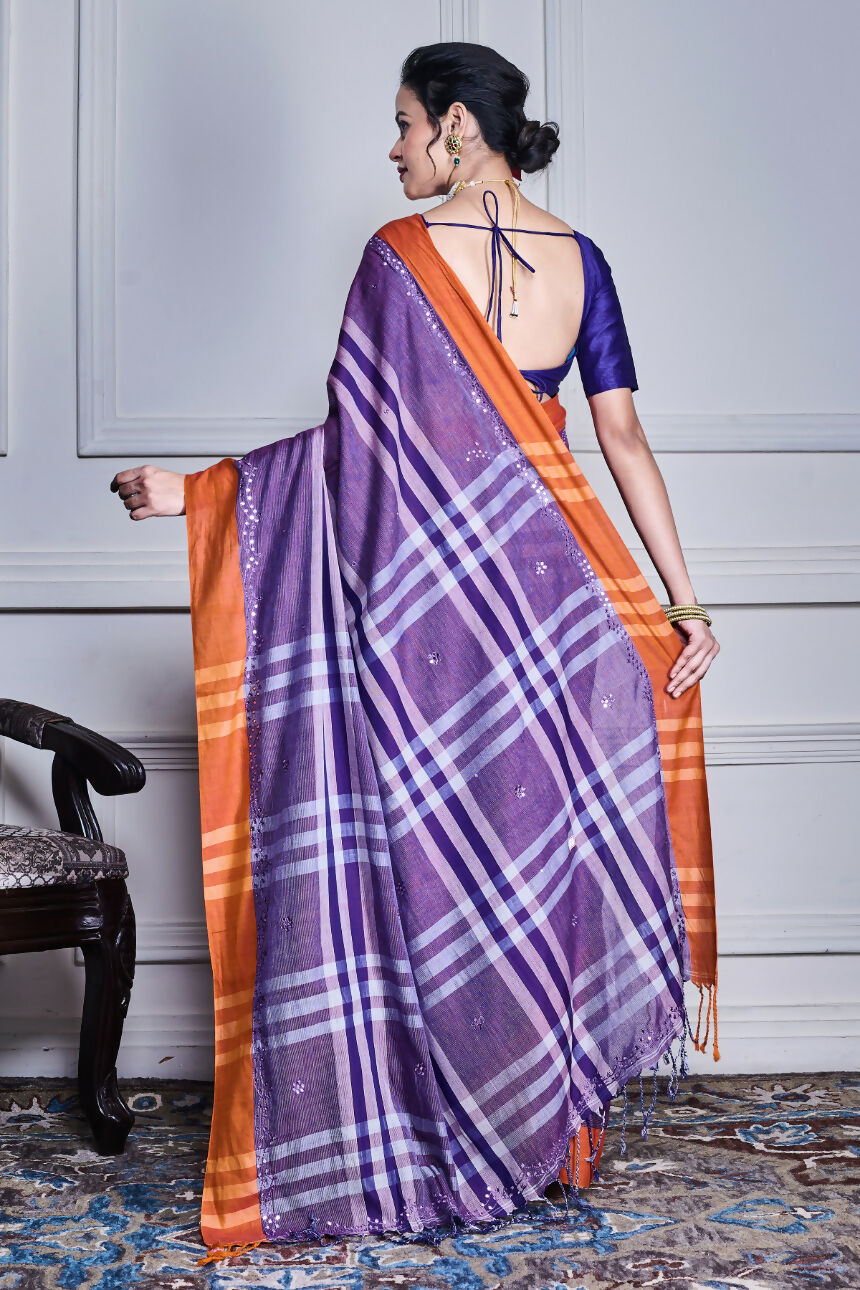Morchari Purple Cotton Handloom Mirror Work Saree Unstitched Blouse - Distacart