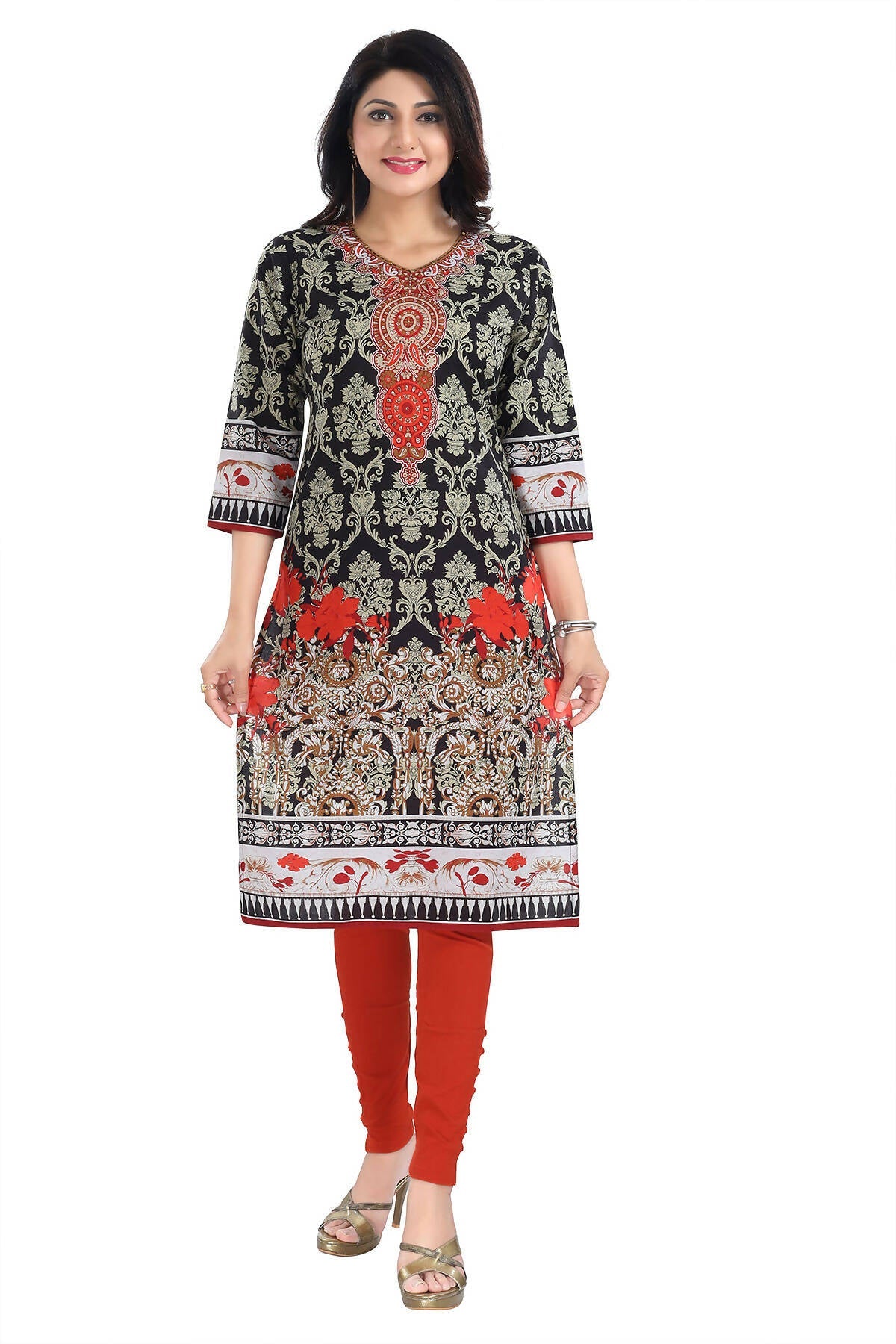 Snehal Creations Deep Black Designer Digital Print Cotton Slub Fabric Long Kurti Tunic - Distacart