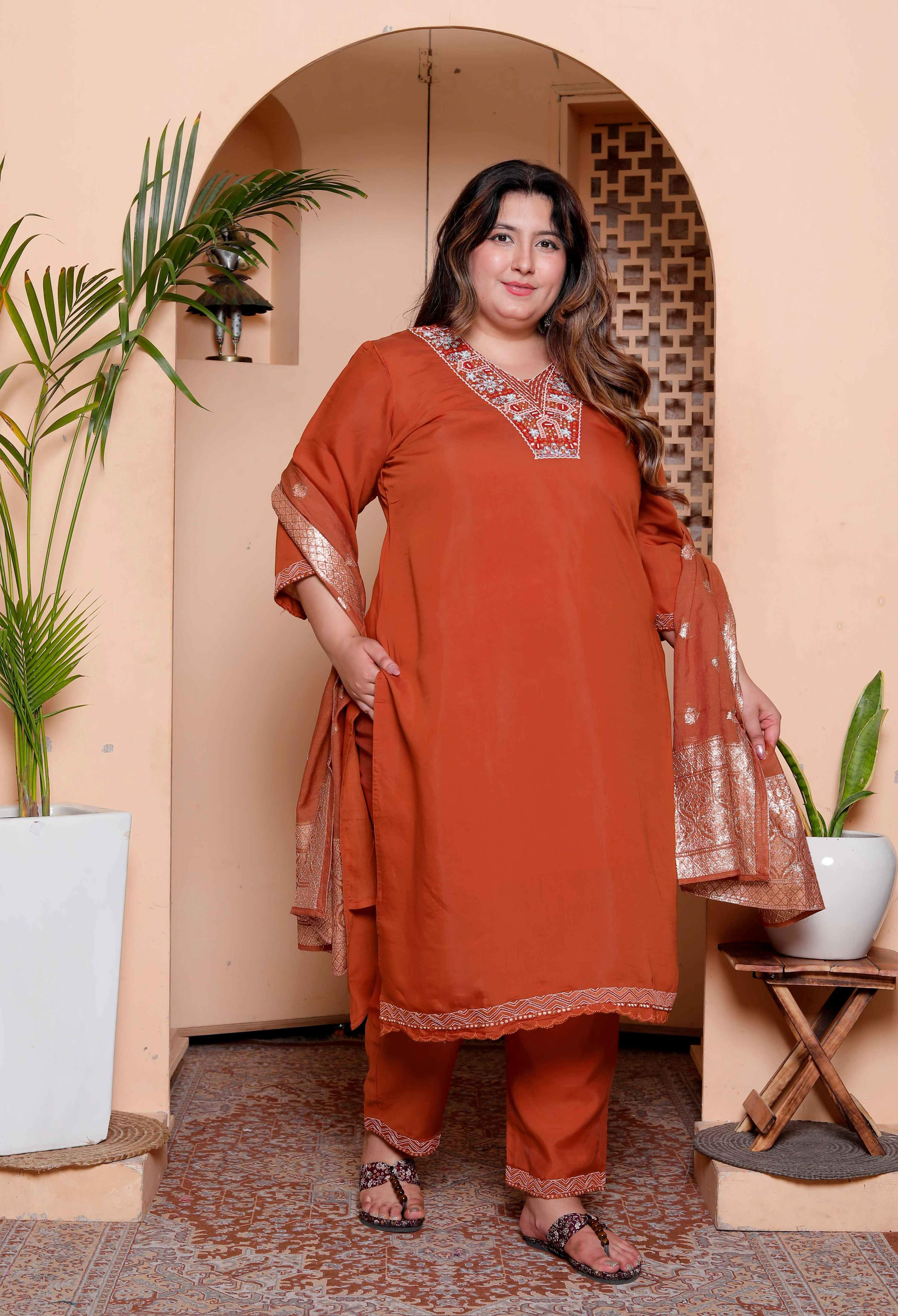 Miravan Women's Plus Size Orange Embroidered Straight Kurta with Palazzo and Dupatta set - Distacart