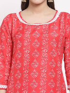 Myshka Women's Red Cotton Printed 3/4 Sleeve Round Neck Casual Kurta Pant Dupatta Set