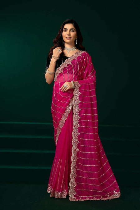Joban Fashion Rani Pink Net Party Wear Sarees