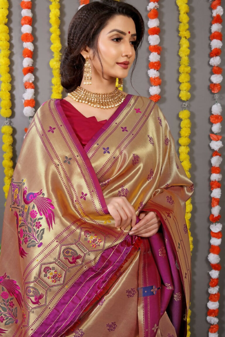 Jyoti Fashion Women's Wine Paithani Silk Zari Woven Saree with Blouse