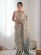 Designer Partywear Georgette White Fancy Saree - Durga