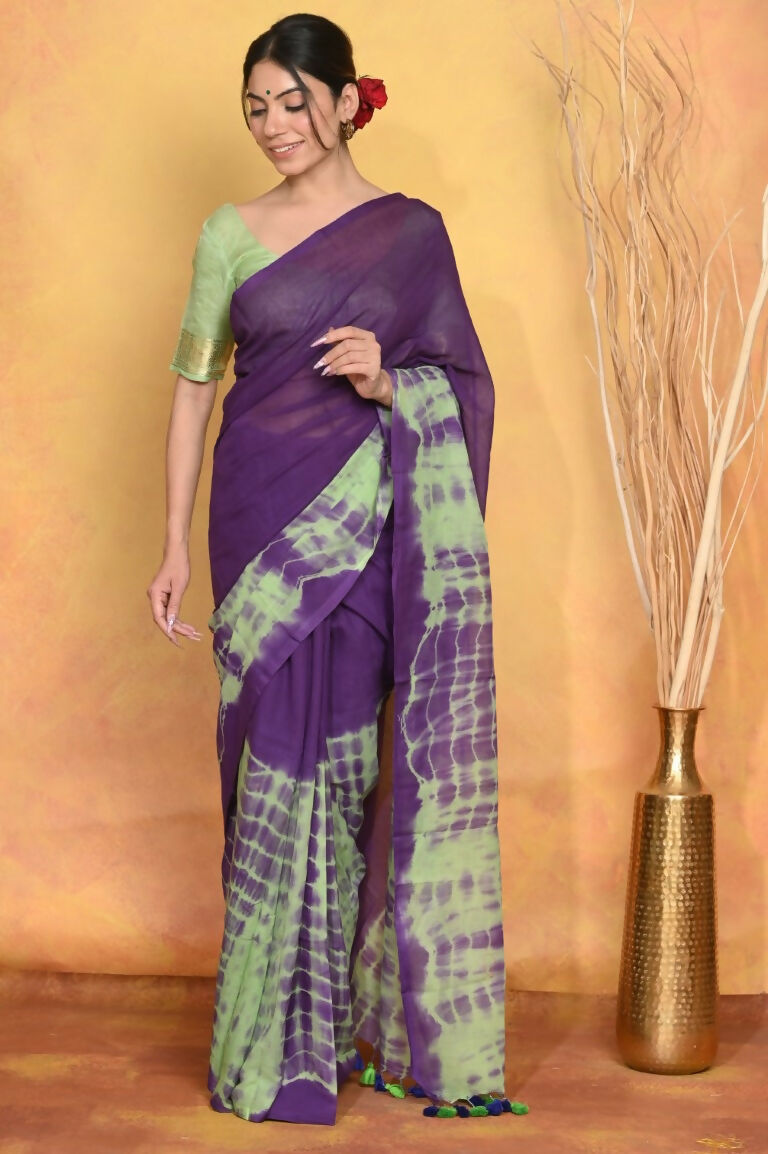 Very Much Indian Tie & Dye Handloom Mul Cotton Saree - Blue Green - Distacart