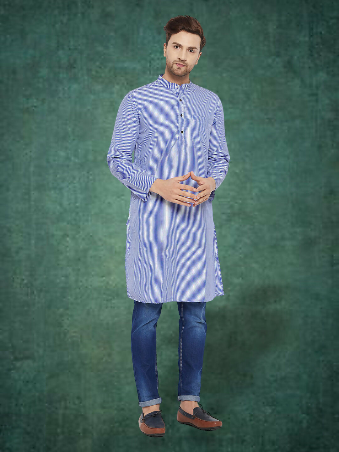 Even Apparels Men's Pure Cotton Blue Striped Kurta