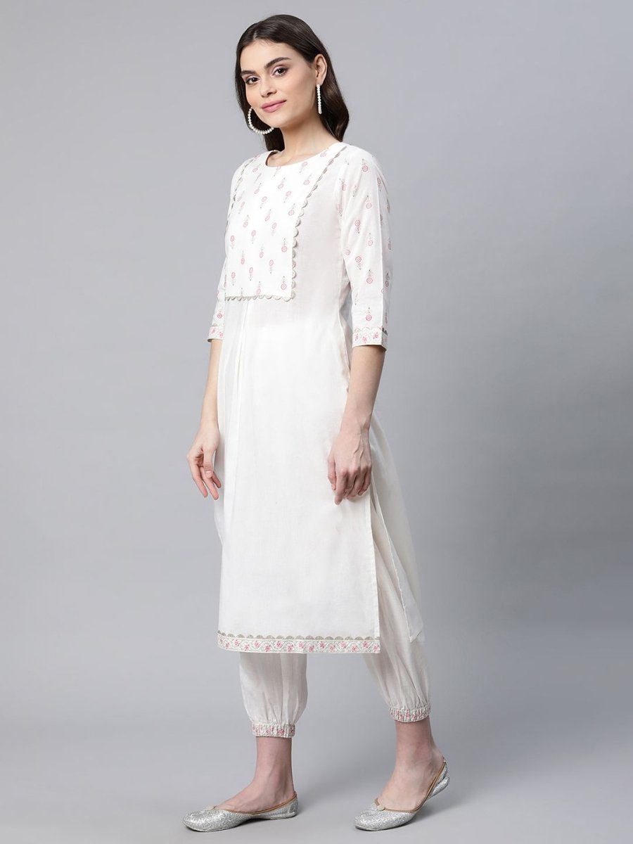 Ahalyaa Women Offwhite Pure Cotton Printed Floral Kurta With Trousers - Distacart