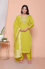 Miravan Womens Muslin Yellow Kurta And Palazzo With Dupatta Set - Distacart