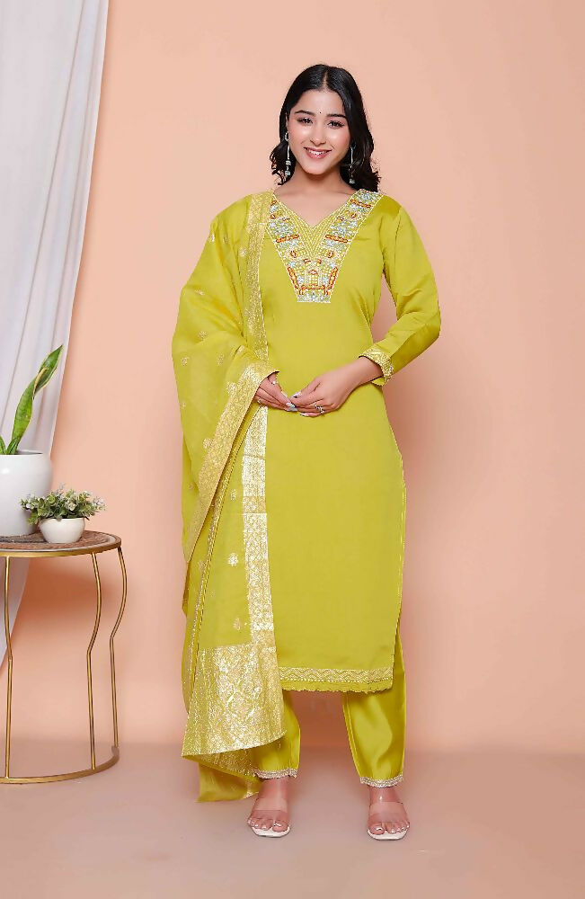 Miravan Womens Muslin Yellow Kurta And Palazzo With Dupatta Set - Distacart