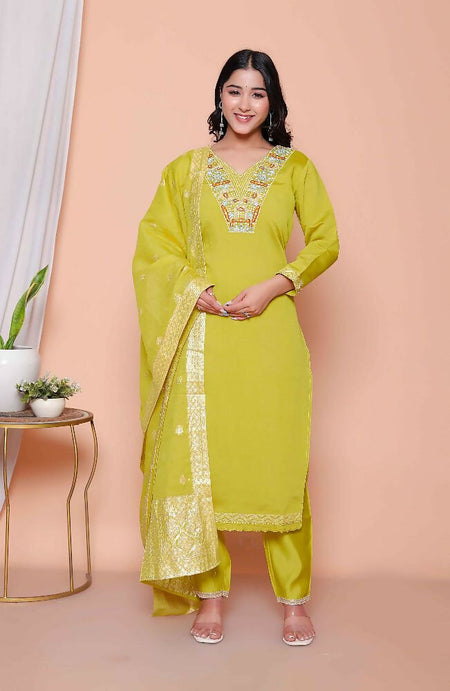 Miravan Womens Muslin Yellow Kurta And Palazzo With Dupatta Set