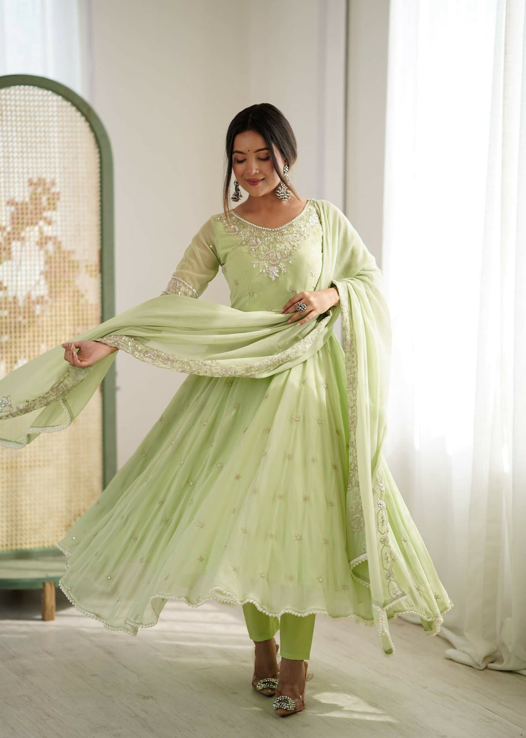 Teeya Creation Pista Color Faux georgette Embroidery Work Wedding Wear Gown - Distacart