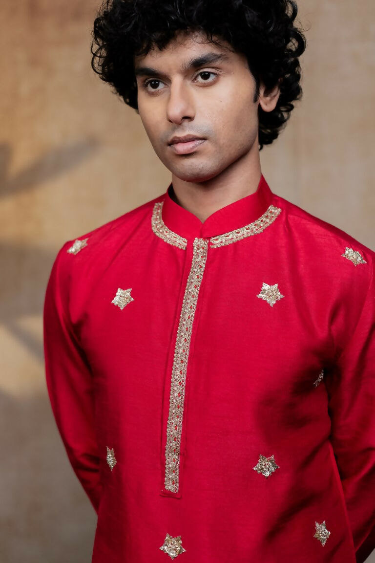 Falling Raw Silk Red Kumkuma Kurta Set By Hilo Design