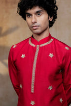 Falling Raw Silk Red Kumkuma Kurta Set By Hilo Design
