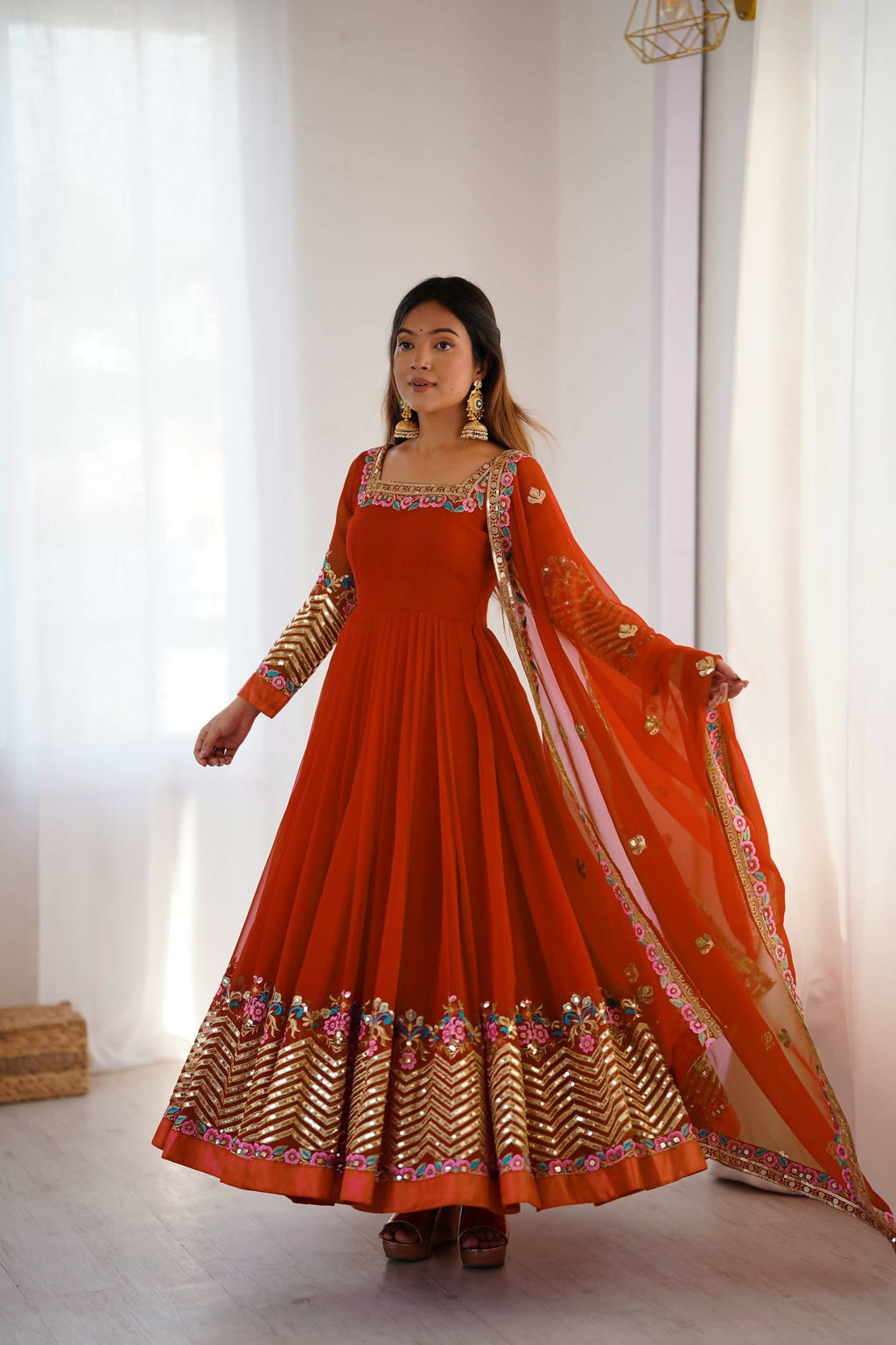 Prazu Fashion Orange Georgette Embroidered Sequence Anarkali Suit - Distacart