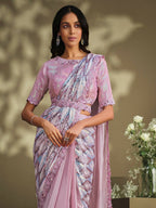 Light Pink Crepe Satin Silk Sequence Embroidered Saree With Stitched Blouse - Mohmanthan La Belle