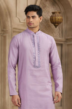 Raivat Ethnic Banarasi Art Silk Mirror Work Kurta Pajama In Purple Colour