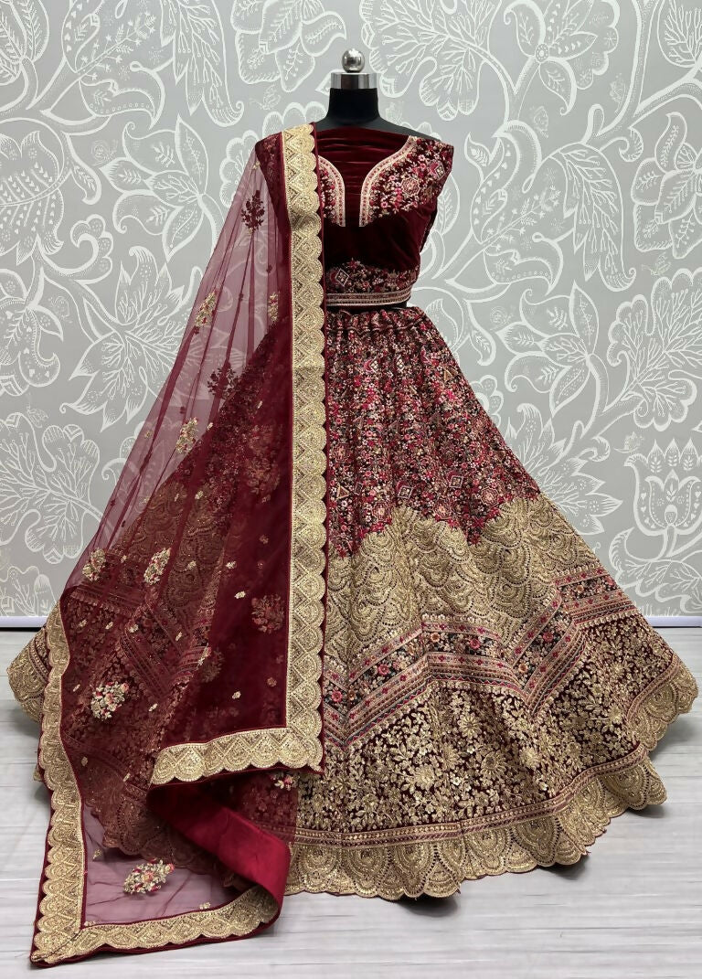 Jyoti Fashion Women's Maroon Velvet Fancy Dori & Sequins Multi Thread Embroidered with Diamond Work Wedding Lehenga Choli