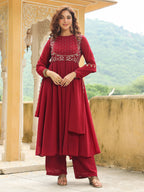 Janasya Maroon Georgette Embroidered Kurta,Bottom & Dupatta