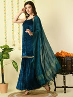 Myshka Women's Teal Velvet Kurti & Sharara With Dupatta Party Sets