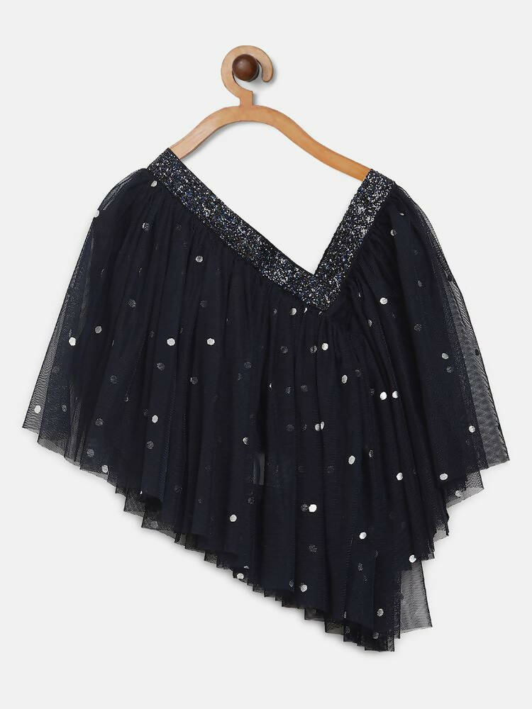 Ahalyaa Navy Blue Net Asymmetric Kids Top With Skirt For Girls