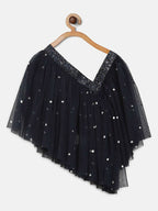 Ahalyaa Navy Blue Net Asymmetric Kids Top With Skirt For Girls