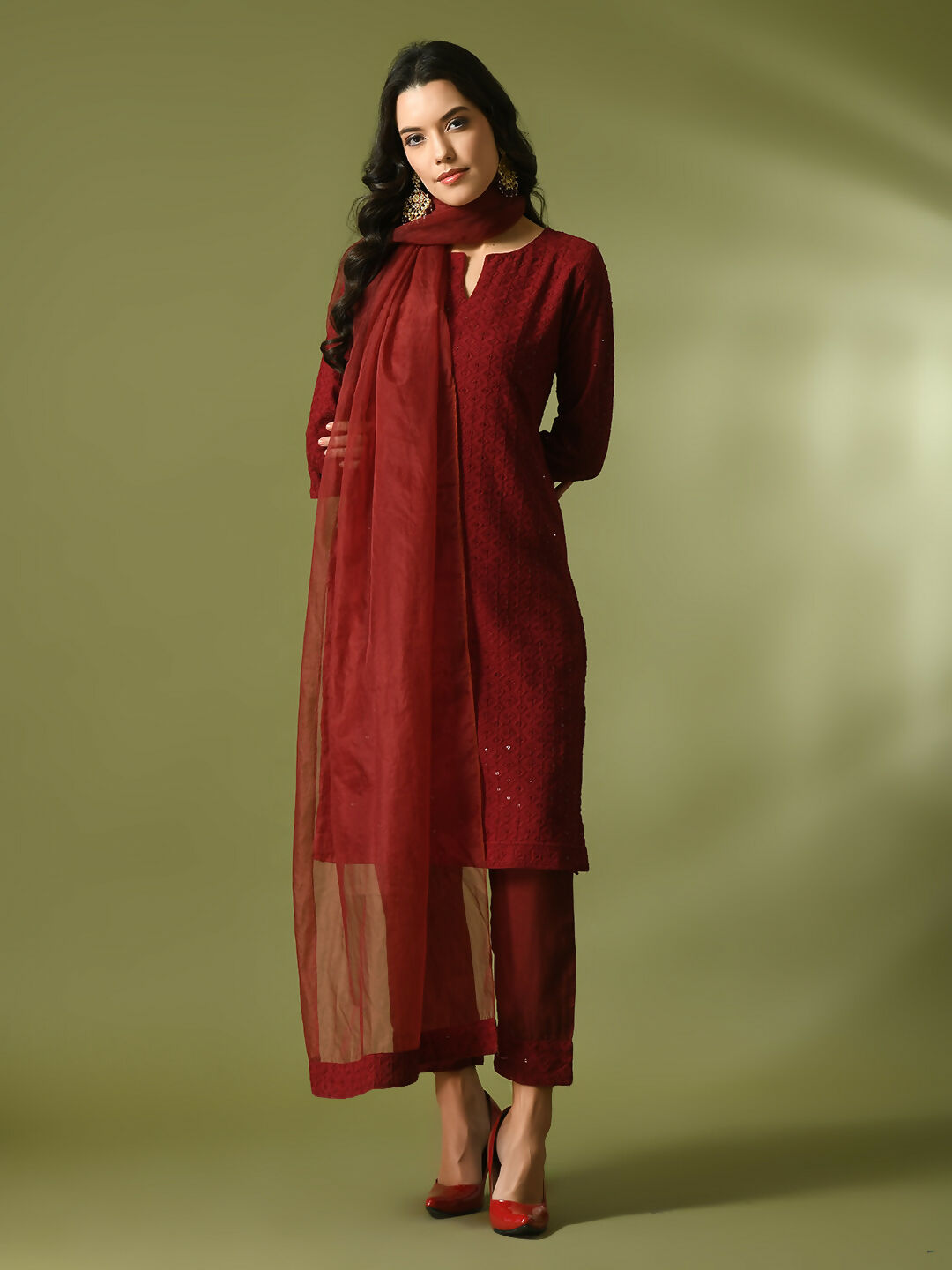 Myshka Women's Maroon Embroidered Cotton Straight Party Kurta Set With Dupatta