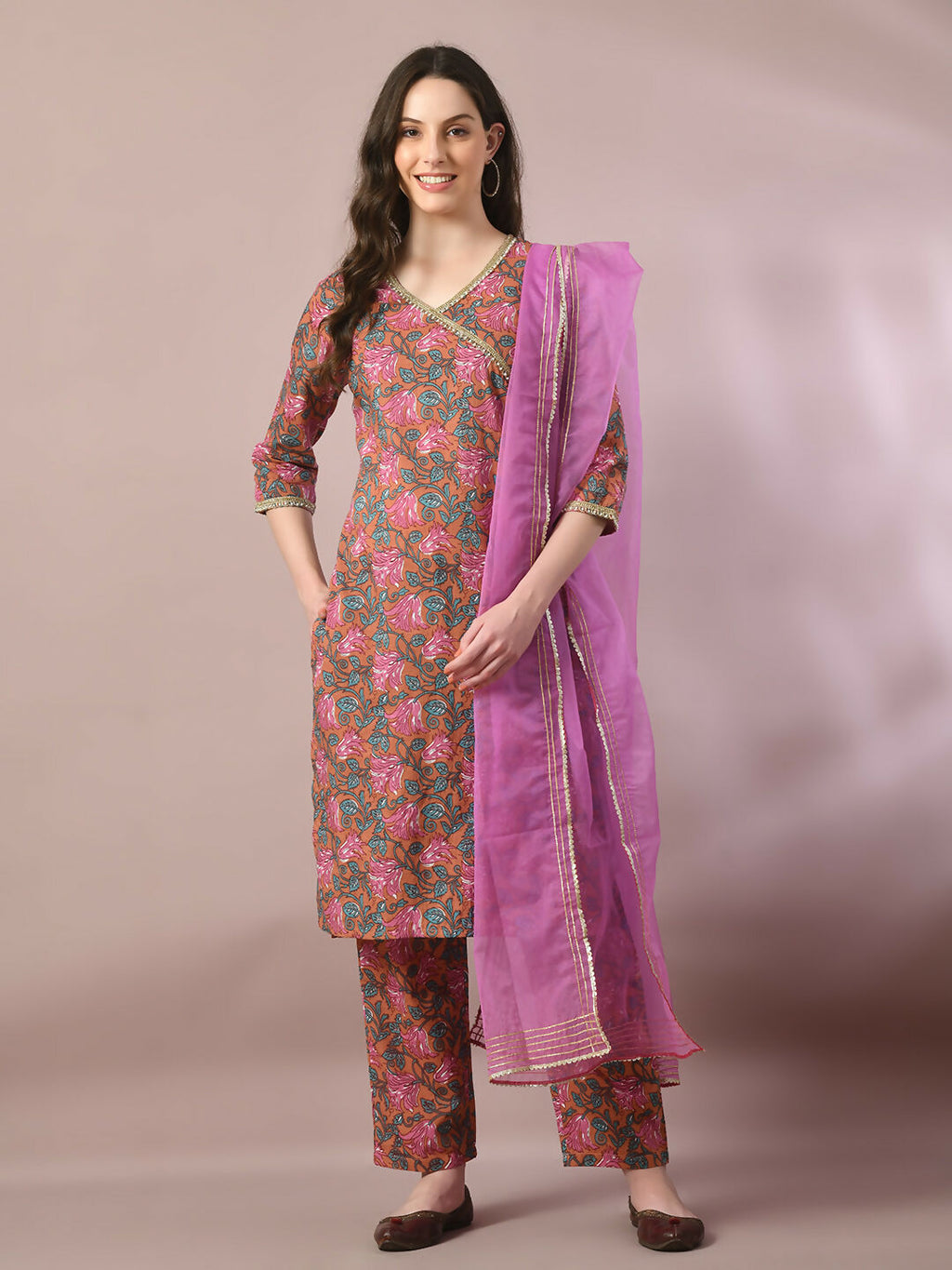 Myshka Women's Multi Printed Cotton Straight Party Kurta Set With Dupatta