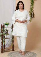Miravan Women's Plus Size Beige Chikankari Thread Work Kurti With Palazzo