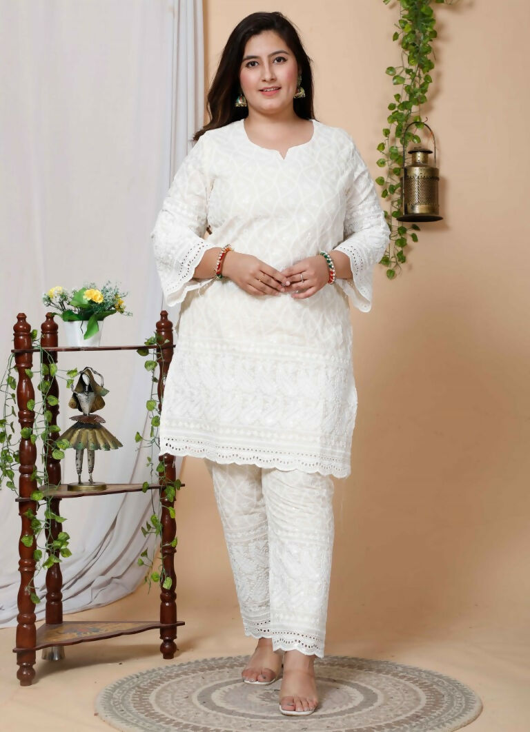 Miravan Women's Plus Size Beige Chikankari Thread Work Kurti With Palazzo