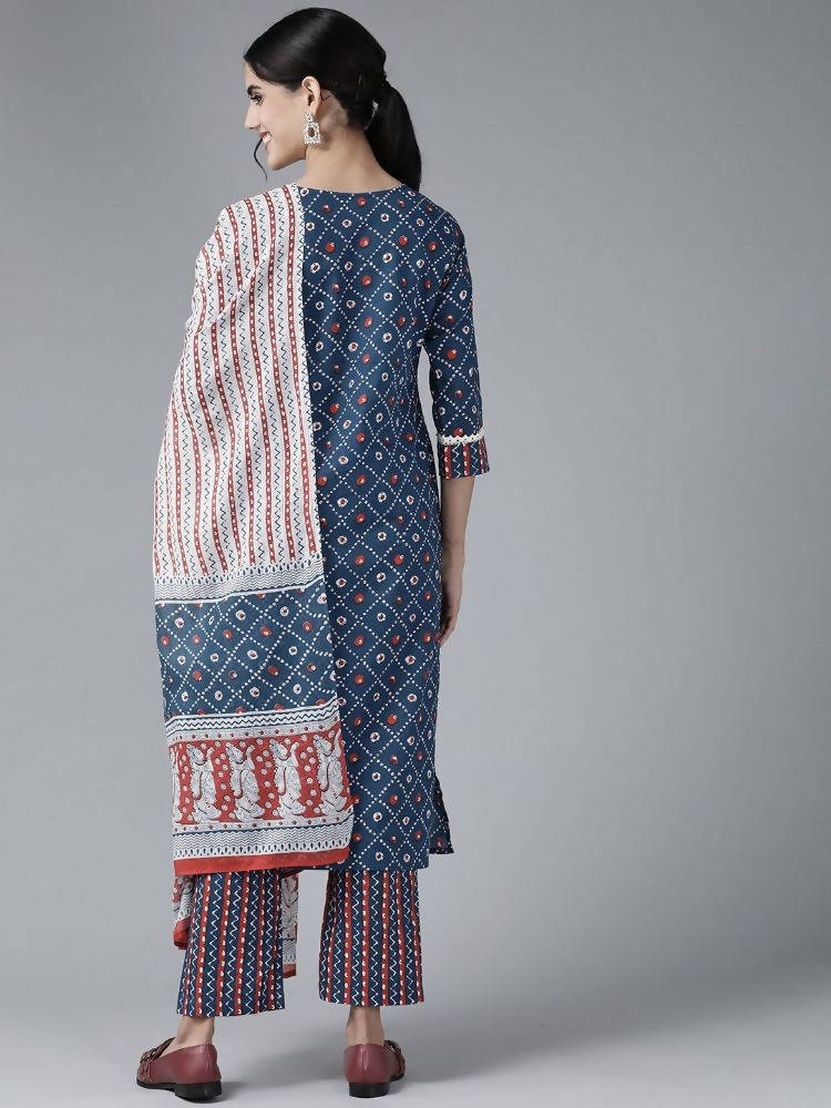 Yufta Women Blue & White Printed Pure Cotton Kurta with Palazzo & With Dupatta