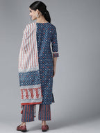 Yufta Women Blue & White Printed Pure Cotton Kurta with Palazzo & With Dupatta
