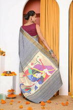 Very Much Indian Handloom Grey Cotton Paithani With Radha Krishna Pallu - Distacart