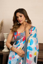 Vastranavya Multicolor Digital Printed Linen Ready To Wear Designer Saree with Unstitched Blouse - Distacart