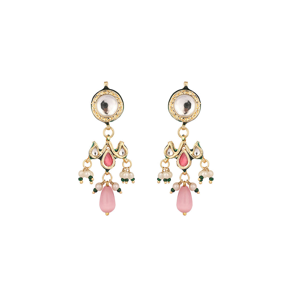 Nuyug 22K Gold Plated Pearl Empress Flora Pink Stone Drops Necklace Set