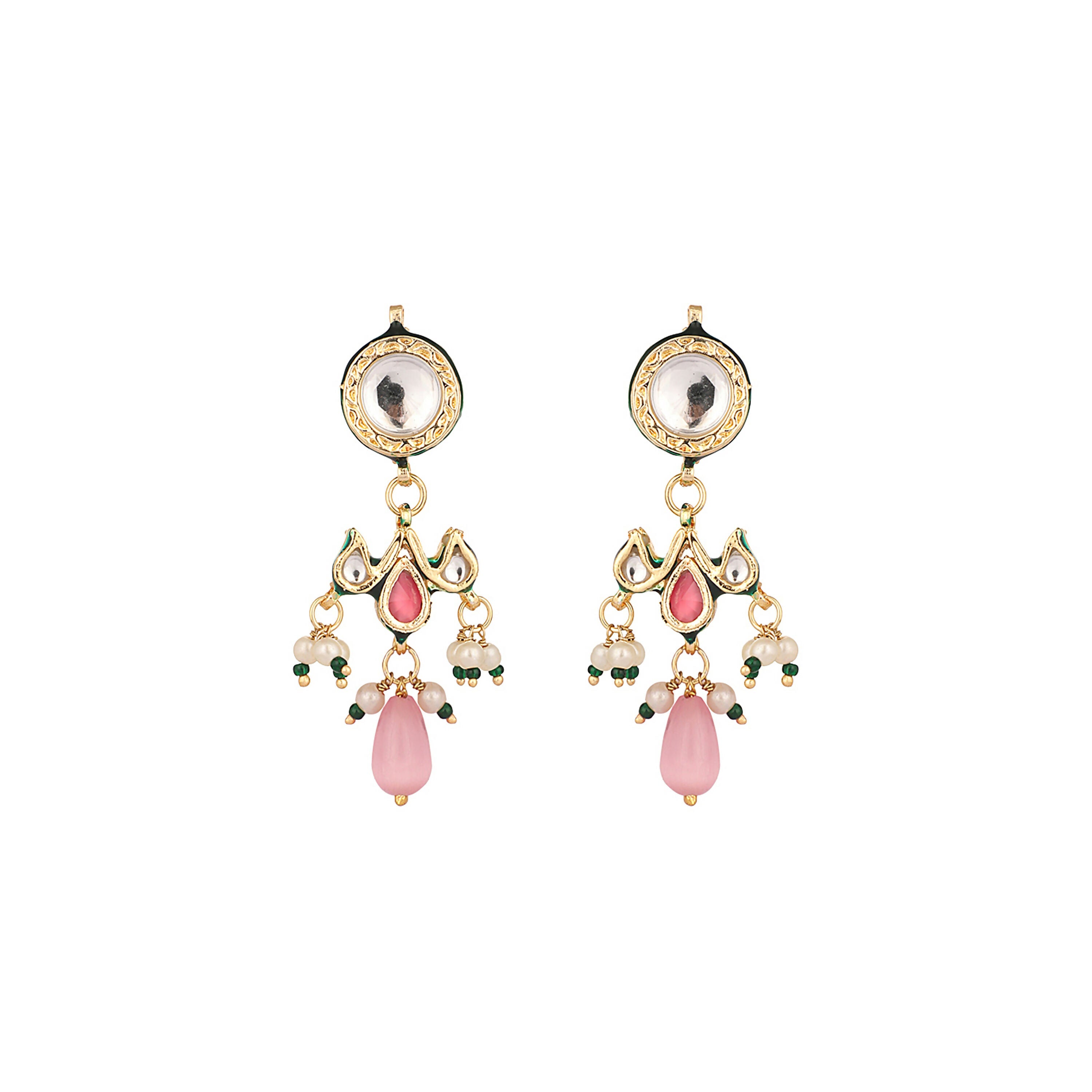 Nuyug 22K Gold Plated Pearl Empress Flora Pink Stone Drops Necklace Set