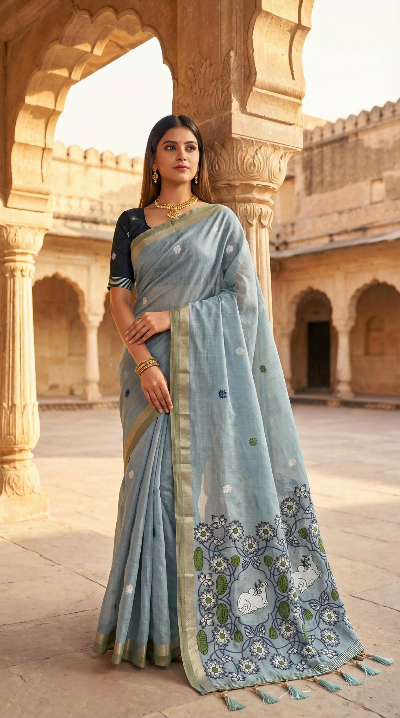 Vastranavya Sky Blue Muga Cotton Meenakari & Azarakh Pallu Saree with Contrast Blouse - Distacart