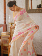 Prime Volt Women's Off-White Floral Digital Print Soft Linen Saree With Blouse - Distacart
