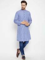Even Apparels Blue Pure Cotton Long Men's Kurta With Band Collar - Distacart