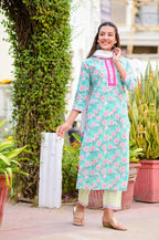 Yufta Women Blue & Off-White Printed Kurta with Trouser & Dupatta