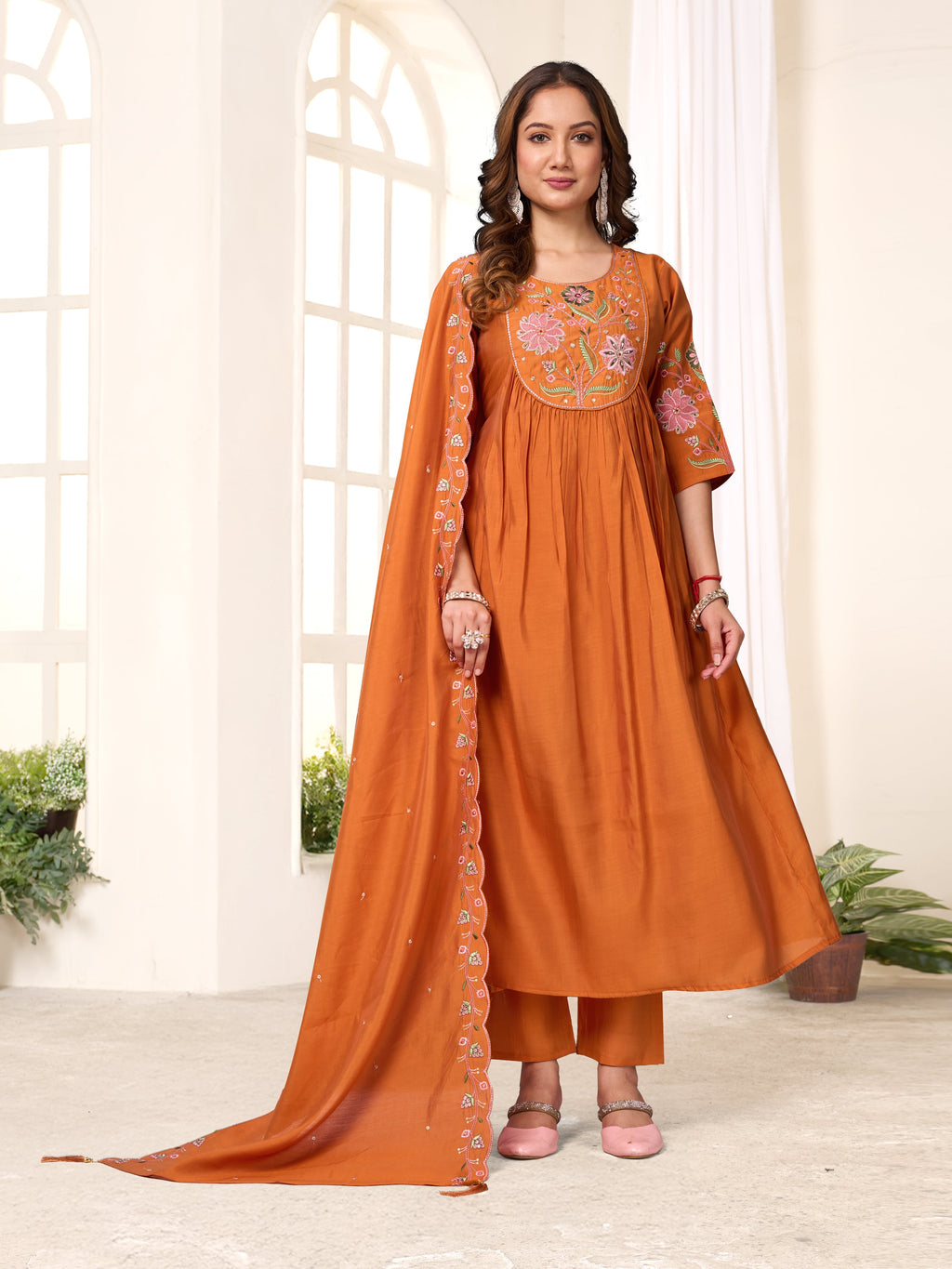 Pramukh Fab Rust Color Viscose Roman Silk Kurta Set - Distacart
