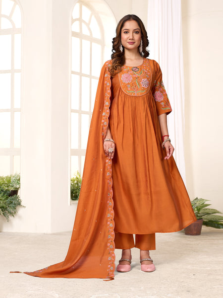 Pramukh Fab Rust Color Viscose Roman Silk Kurta Set