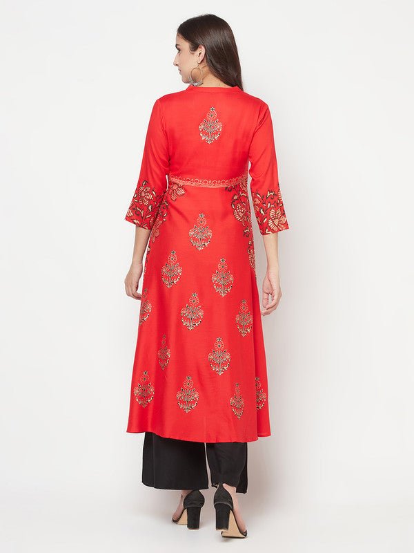 Aniyah Rayon Block Print Red Anarkali Kurta