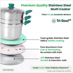 The Indus Valley Tri-steel Multi Cooker Pot Premium Stainless Steel Momo Maker/ Idiyappam/ Biryani/  Veg Steaming Set, 3 Pots, 21cm